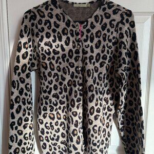 RELAIS leopard print wool cardigan w/rhinestone buttons along pink velvet trim M